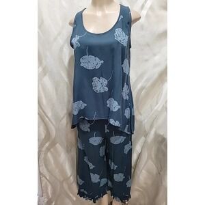 Just Jill 2-Piece Boho Lounge Set | SZ M | 100% Rayon Blue Floral Tank Capri Set